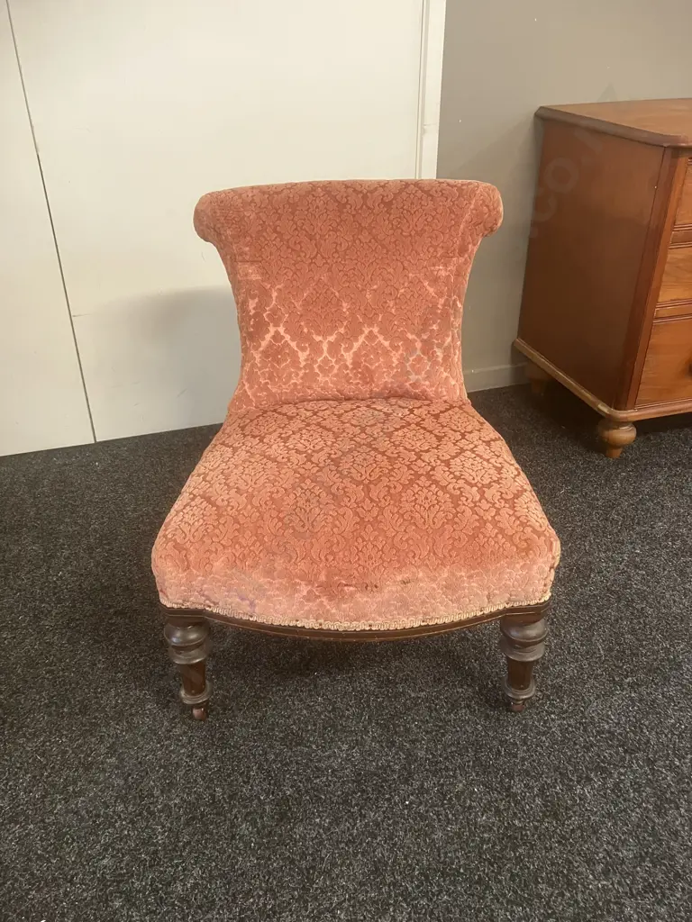 Antique Victorian Mahogany Nursing Chair With Scroll Back, Pink Draylon Fabric, Turned Legs & Castors Image 1++