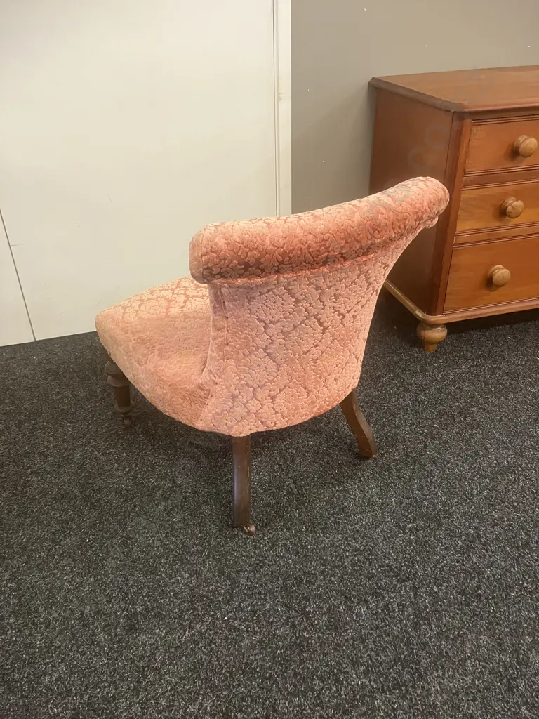 Antique Victorian Mahogany Nursing Chair With Scroll Back, Pink Draylon Fabric, Turned Legs & Castors Image 1++