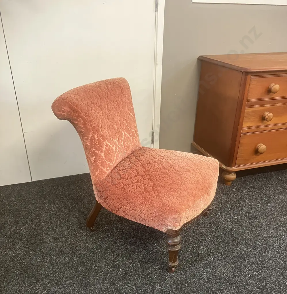 Antique Victorian Mahogany Nursing Chair With Scroll Back, Pink Draylon Fabric, Turned Legs & Castors Image 1++