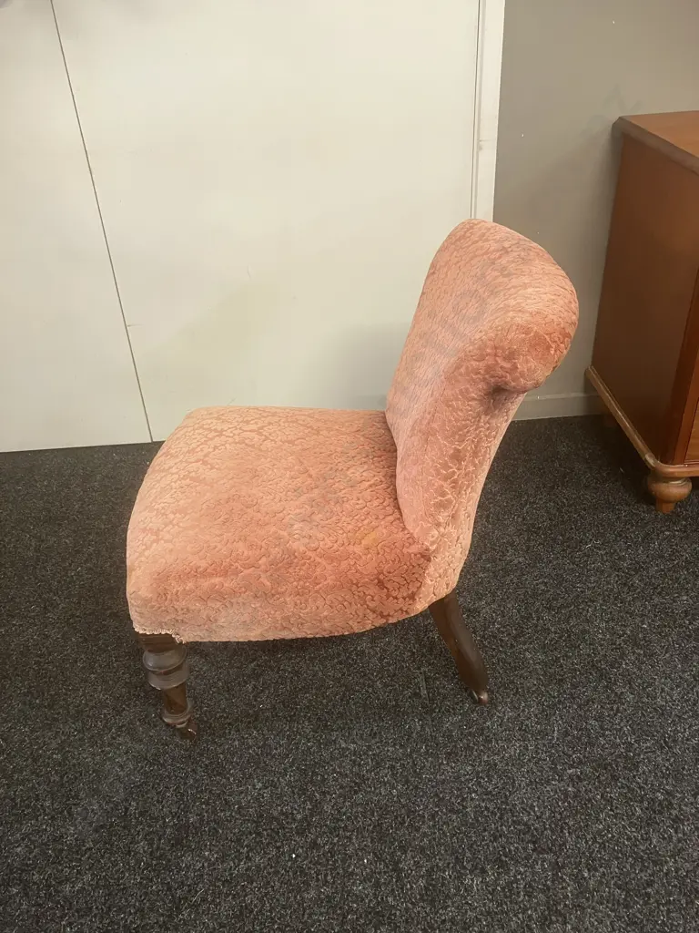 Antique Victorian Mahogany Nursing Chair With Scroll Back, Pink Draylon Fabric, Turned Legs & Castors Image 1++