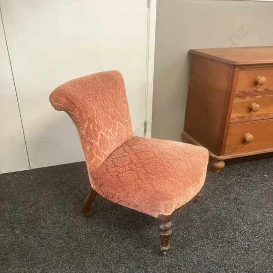 Antique Victorian Mahogany Nursing Chair With Scroll Back, Pink Draylon Fabric, Turned Legs & Castors