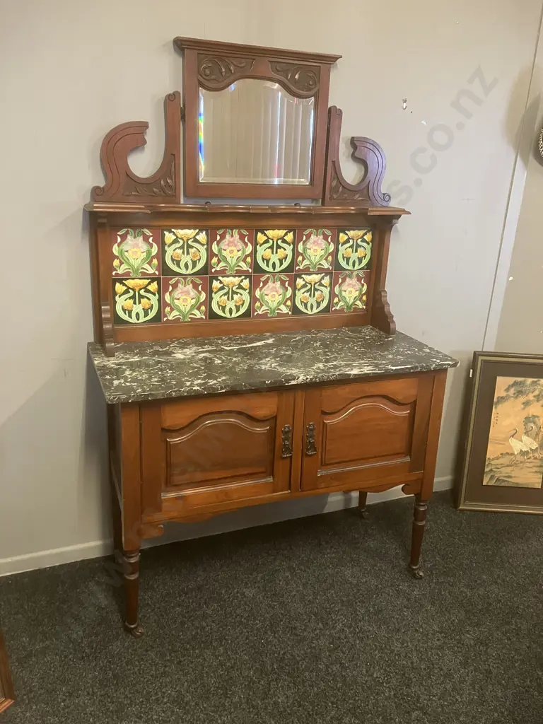 Edwardian Washstand, Bevelled Mirror & Black Marble Top, Art Nouveau Style Tiles, 2 Door Cupboard Base, Ceramic Castors Image 1++