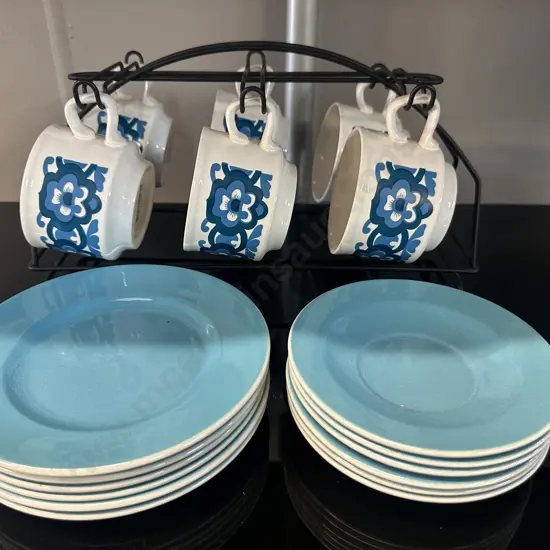 Retro Staffordshire Potteries Trios Blue Floral With Wire Display Rack