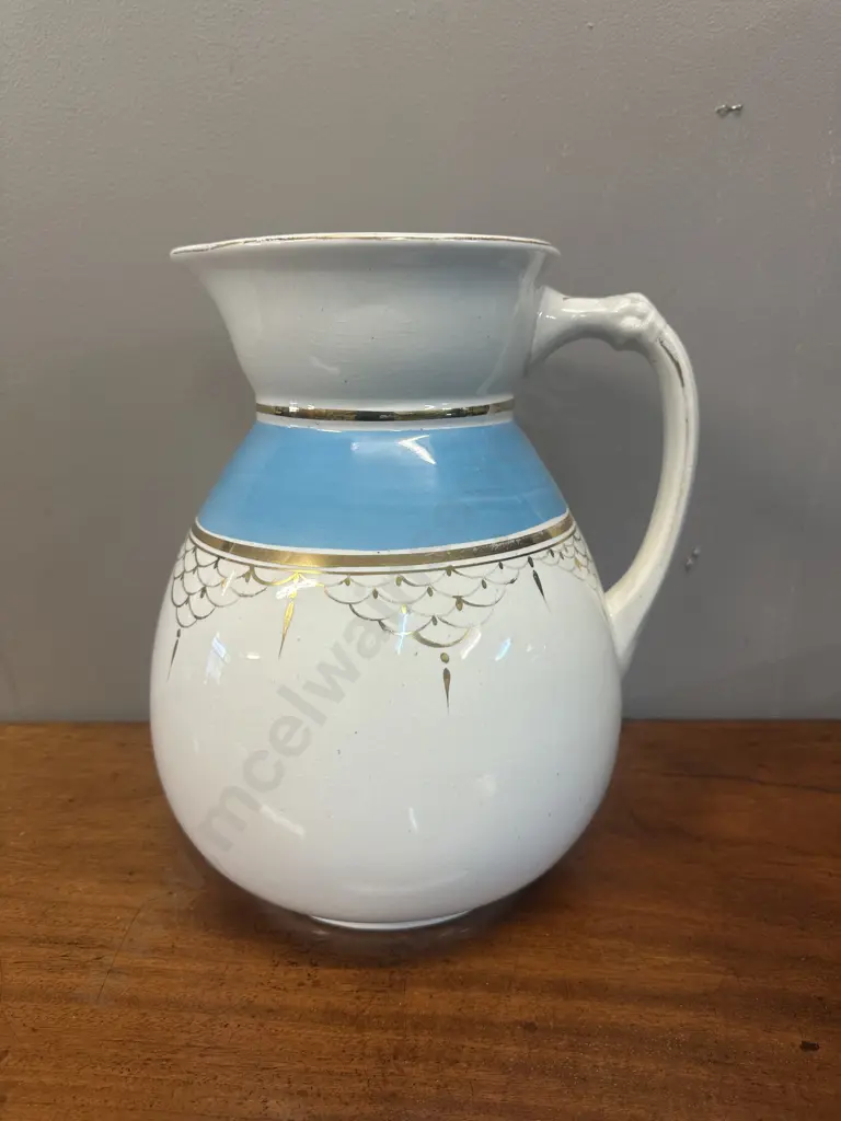 Vintage Cream/Blue Pitcher With Gold Gilded Accents Image 1++