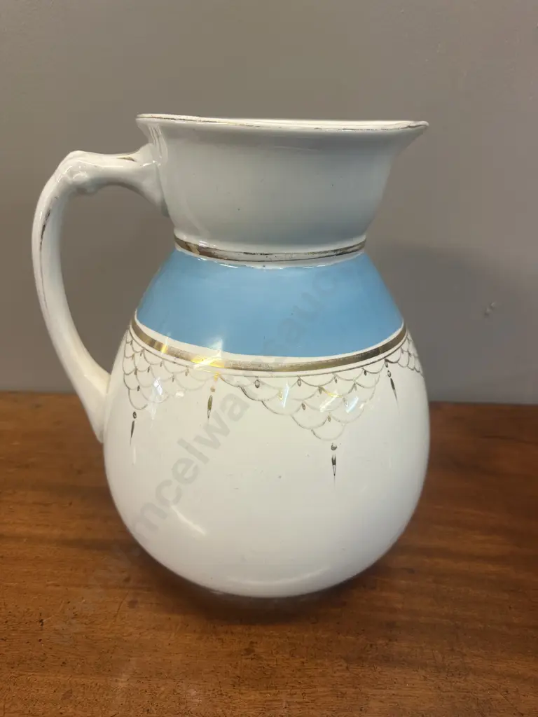 Vintage Cream/Blue Pitcher With Gold Gilded Accents Image 1++