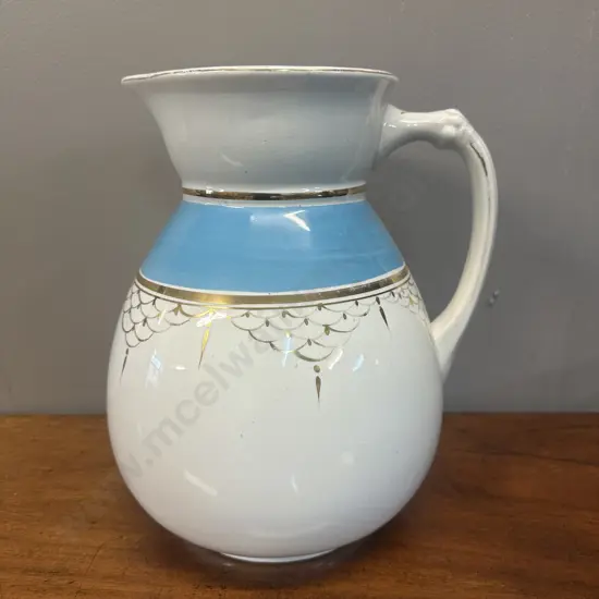 Vintage Cream/Blue Pitcher With Gold Gilded Accents