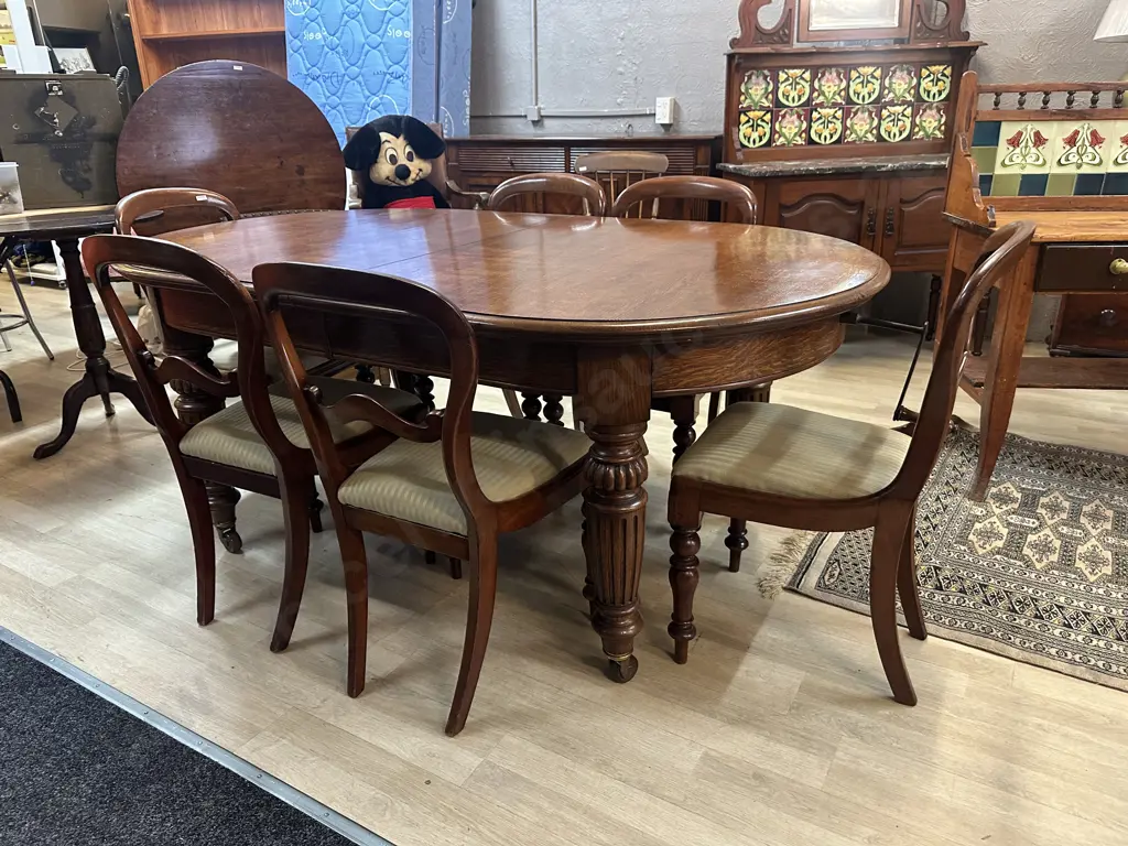 Oak Crank Extension Table With 3 Leaves, Set of 6 Dining Side Chairs Image 1++