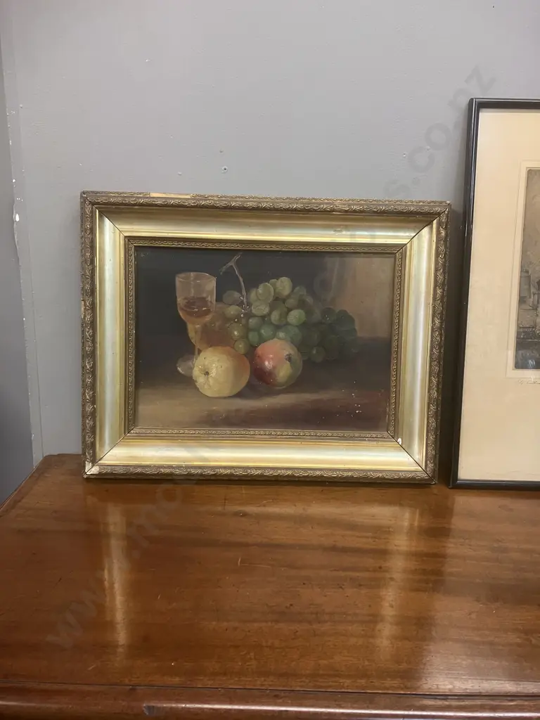 Small Oil On Canvas Still Life Painting In Original Gilded Frame & Ely Cathedral Normill Print #1821 Image 1++