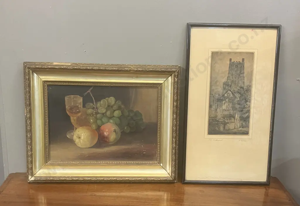 Small Oil On Canvas Still Life Painting In Original Gilded Frame & Ely Cathedral Normill Print #1821 Image 1++