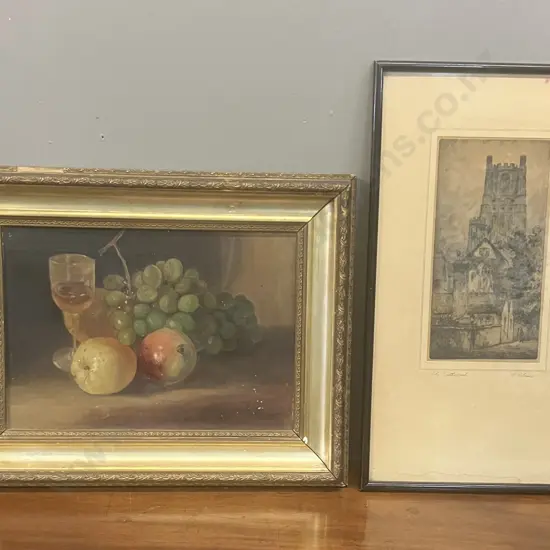 Small Oil On Canvas Still Life Painting In Original Gilded Frame & Ely Cathedral Normill Print #1821