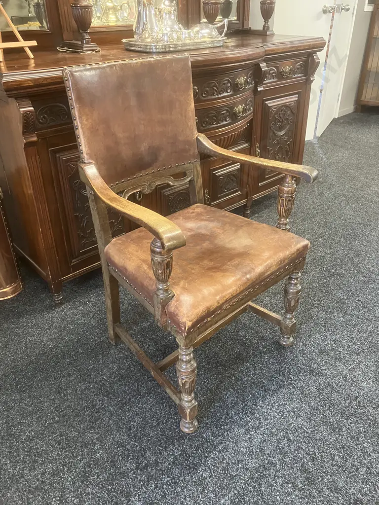 Antique Oak & Leather Carver Chair With Carved Detail Image 1++