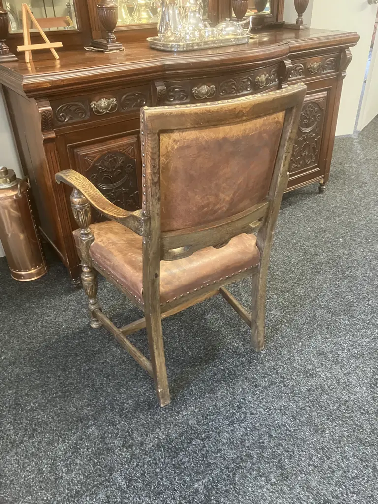 Antique Oak & Leather Carver Chair With Carved Detail Image 1++