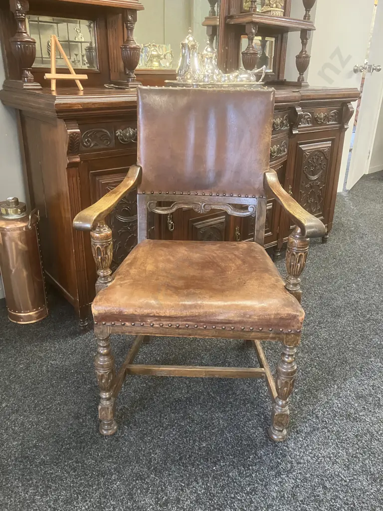 Antique Oak & Leather Carver Chair With Carved Detail Image 1++
