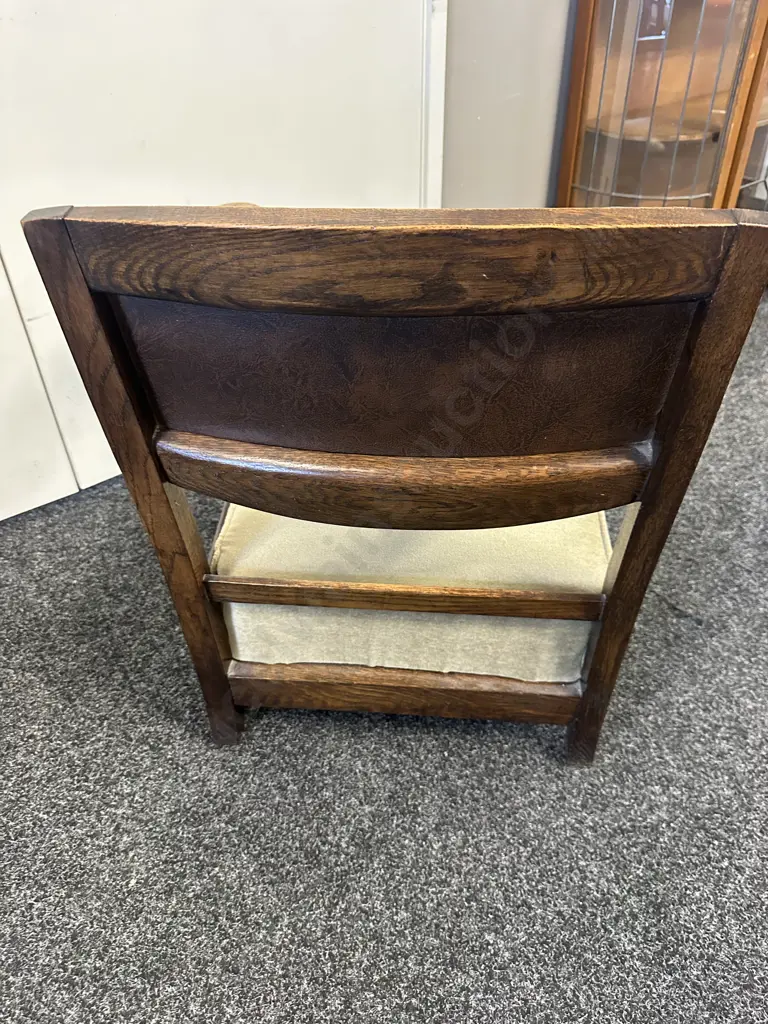 Oak Low Fireside Chair, Leather Back, Barley Twist Supports Image 1++