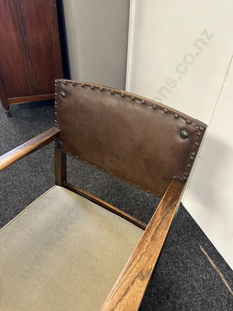 Oak Low Fireside Chair, Leather Back, Barley Twist Supports Image 1++