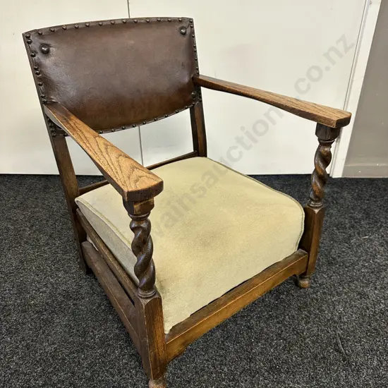 Oak Low Fireside Chair, Leather Back, Barley Twist Supports