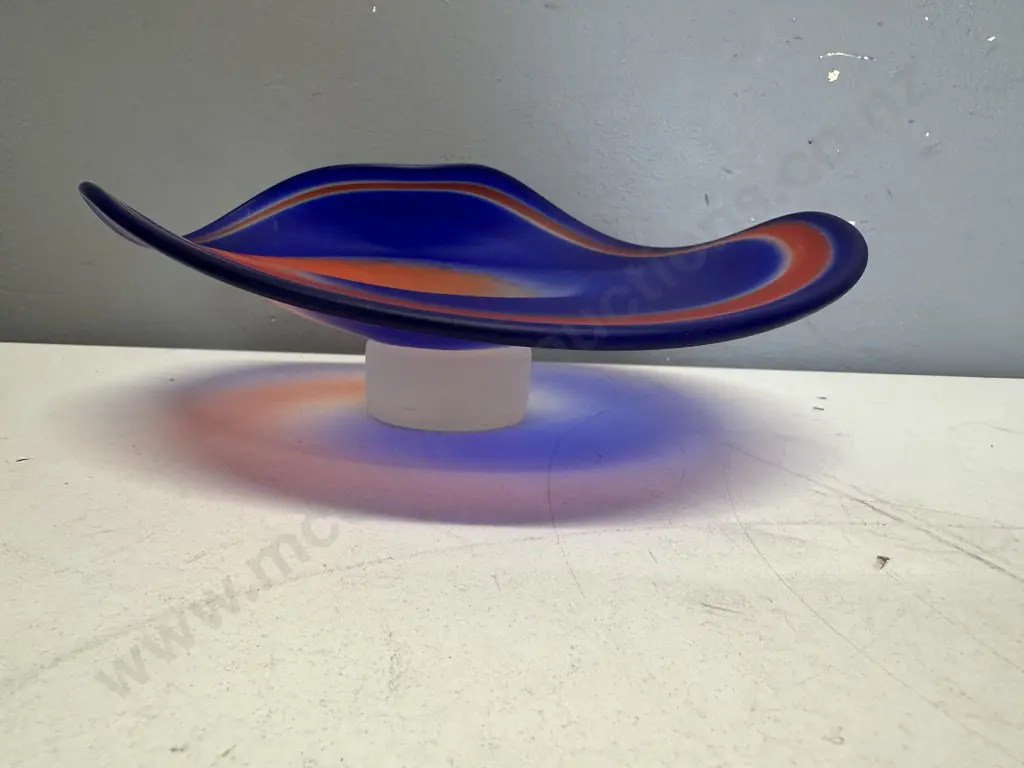 De Flute Rotorua New Zealand Art Glass Bowl Wave Form In Vibrant Colours Of Orange & Blue Image 1++