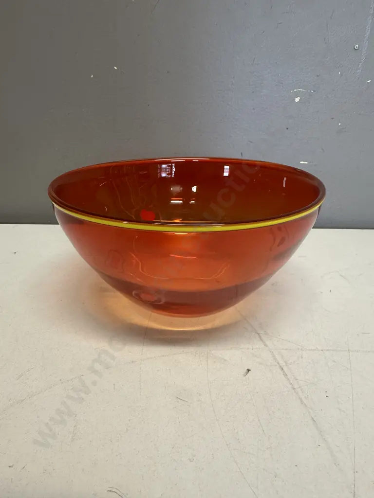 Linda Over 2000 Art Glass Orange & Red Detail Bowl H9,Dia18cm. Image 1++