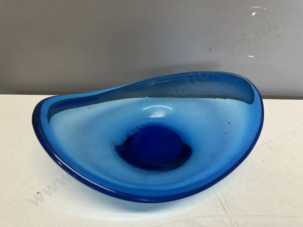 Mid Century Modern Blue Asymmetrical Art Glass Bowl H10.5,W27,D20cm. Image 1++