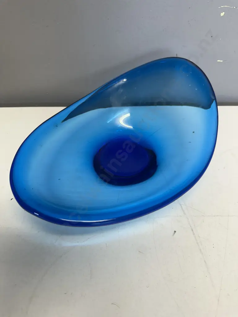 Mid Century Modern Blue Asymmetrical Art Glass Bowl H10.5,W27,D20cm. Image 1++
