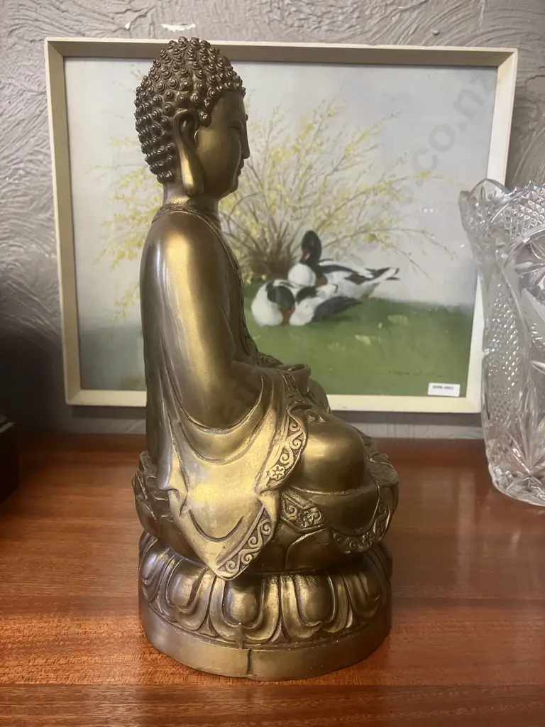 Vintage Brass Figure of Seated Buddha, Sitting In Repose, Swastika On Chest, Raised On Lotus Form Base. H28 W15 D13cm Image 1++