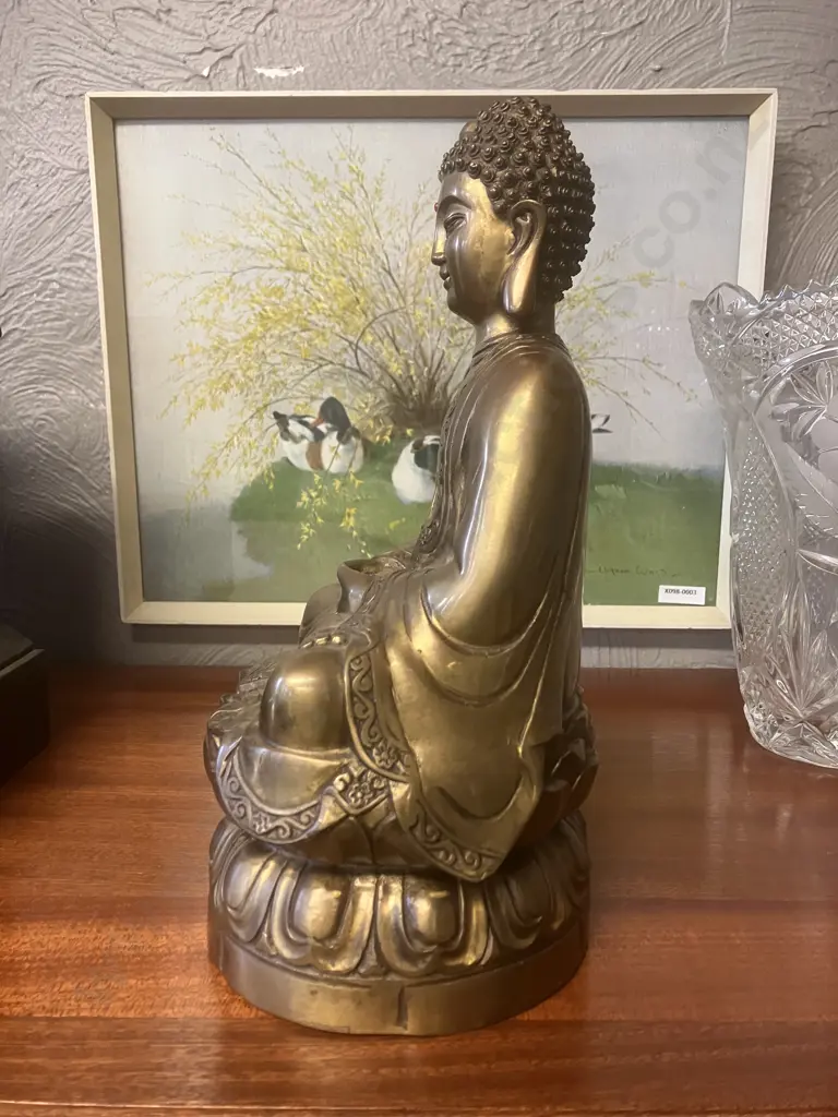 Vintage Brass Figure of Seated Buddha, Sitting In Repose, Swastika On Chest, Raised On Lotus Form Base. H28 W15 D13cm Image 1++