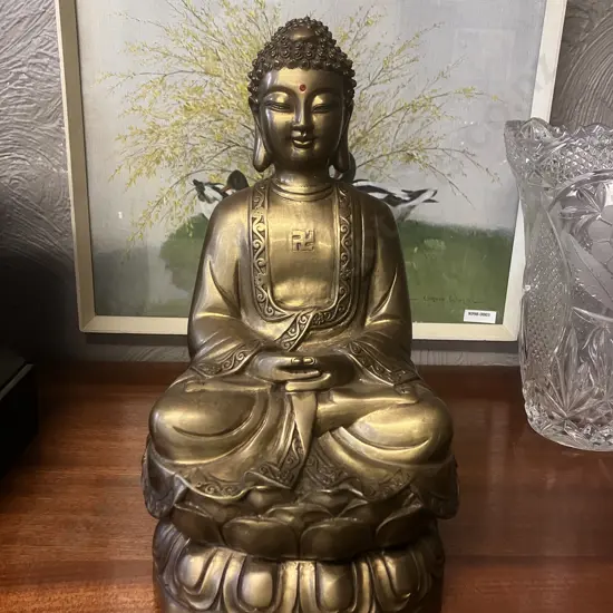 Vintage Brass Figure of Seated Buddha, Sitting In Repose, Swastika On Chest, Raised On Lotus Form Base. H28 W15 D13cm