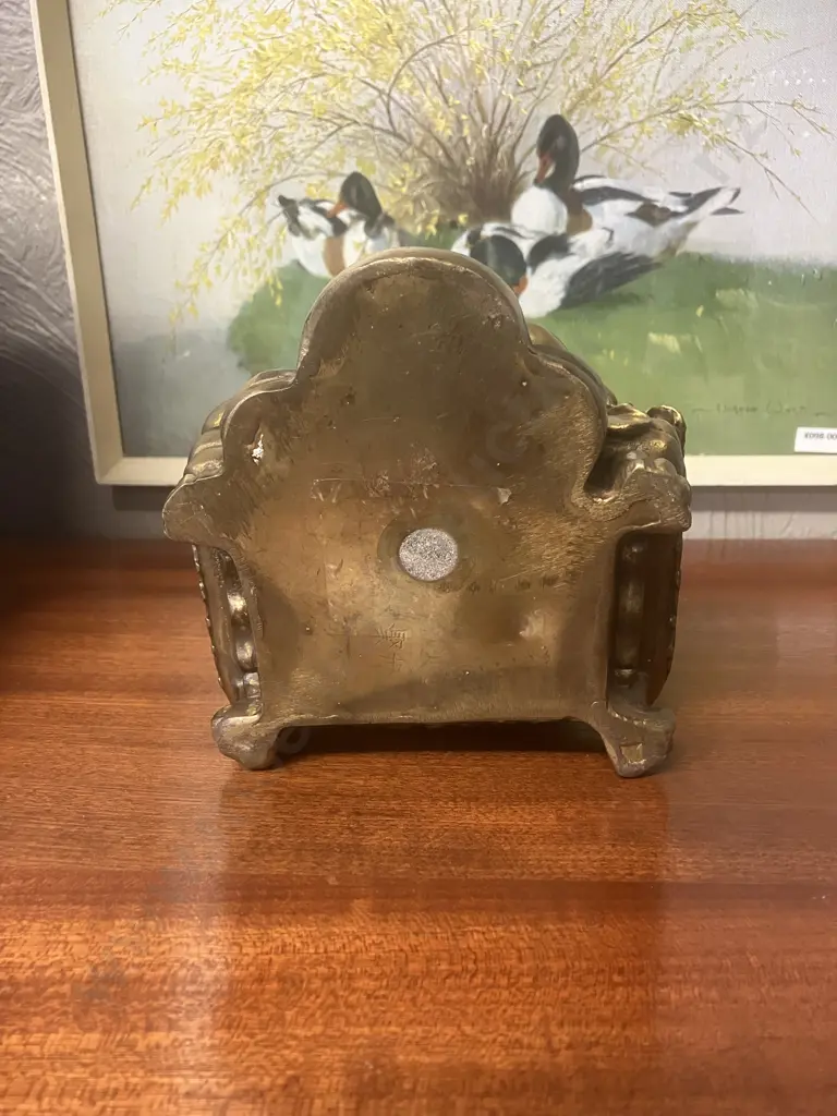 Vintage Brass Fengshui Laughing Buddha Figurine, Seated on Detailed Throne With Dragon Heads, Wealth Symbols At His Feet Image 1++