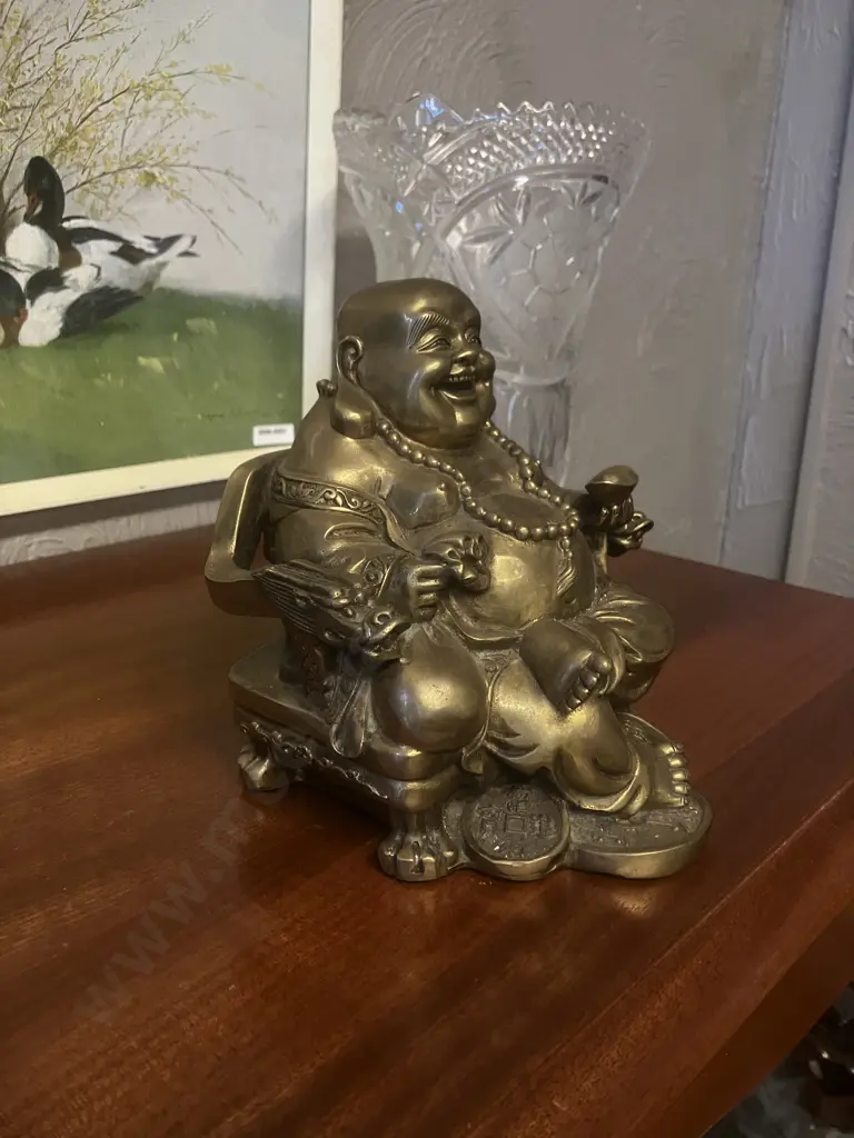 Vintage Brass Fengshui Laughing Buddha Figurine, Seated on Detailed Throne With Dragon Heads, Wealth Symbols At His Feet Image 1++