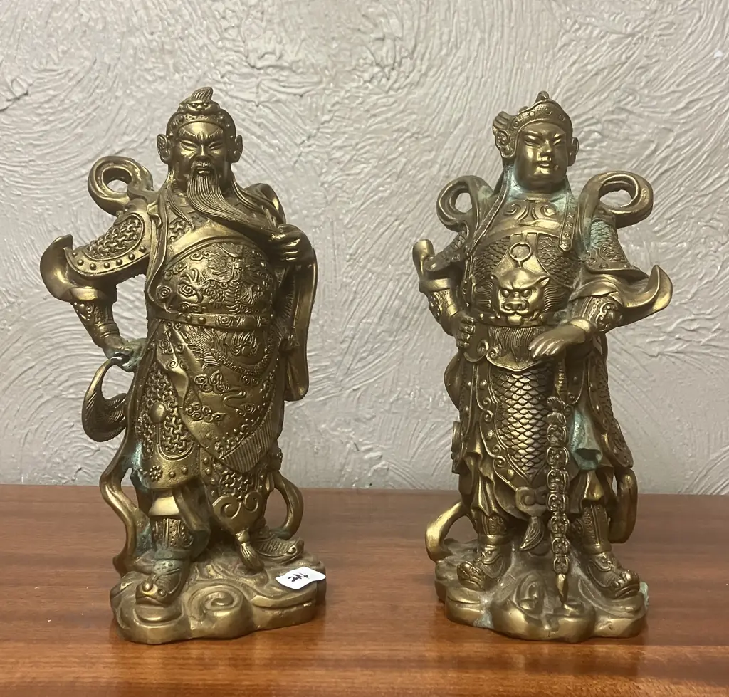 Vintage Brass Guan Gong Yu Warrior God & Guardian God Wei Tuo Veda Statues. H24cm Image 1++