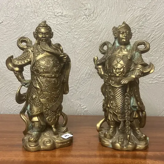 Vintage Brass Guan Gong Yu Warrior God & Guardian God Wei Tuo Veda Statues. H24cm