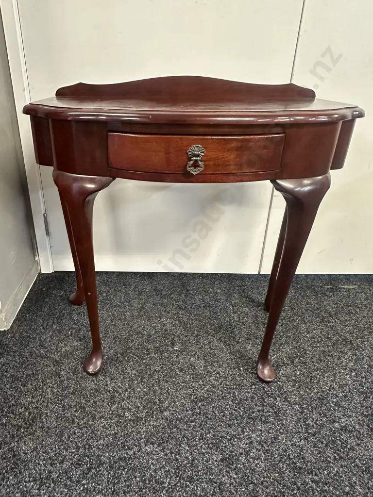Mahogany Half Round Hall Table Single Drawer Cabriole Legs H74,W72,D38cm. Image 1++