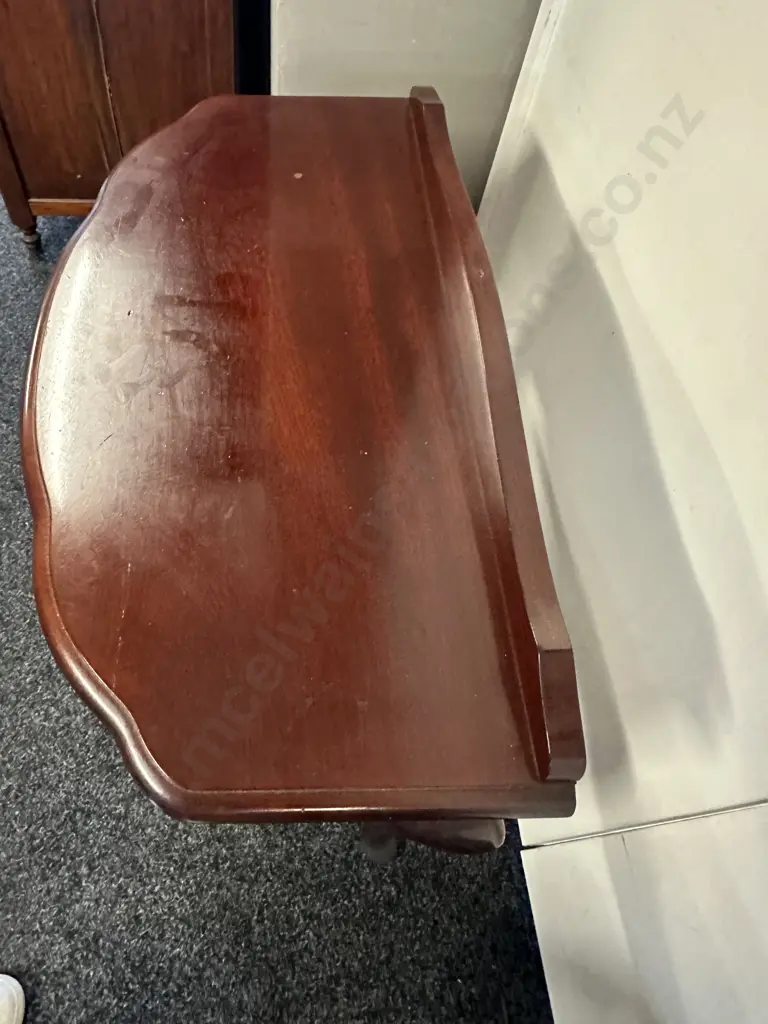 Mahogany Half Round Hall Table Single Drawer Cabriole Legs H74,W72,D38cm. Image 1++