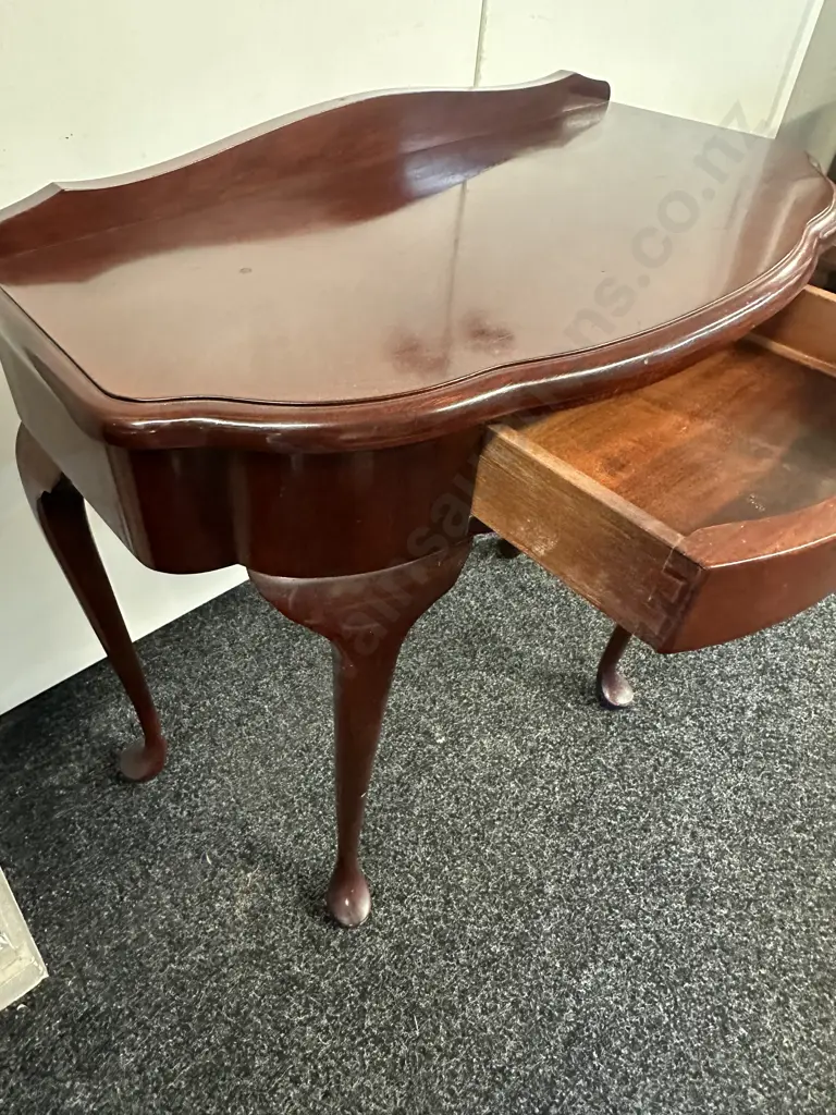 Mahogany Half Round Hall Table Single Drawer Cabriole Legs H74,W72,D38cm. Image 1++