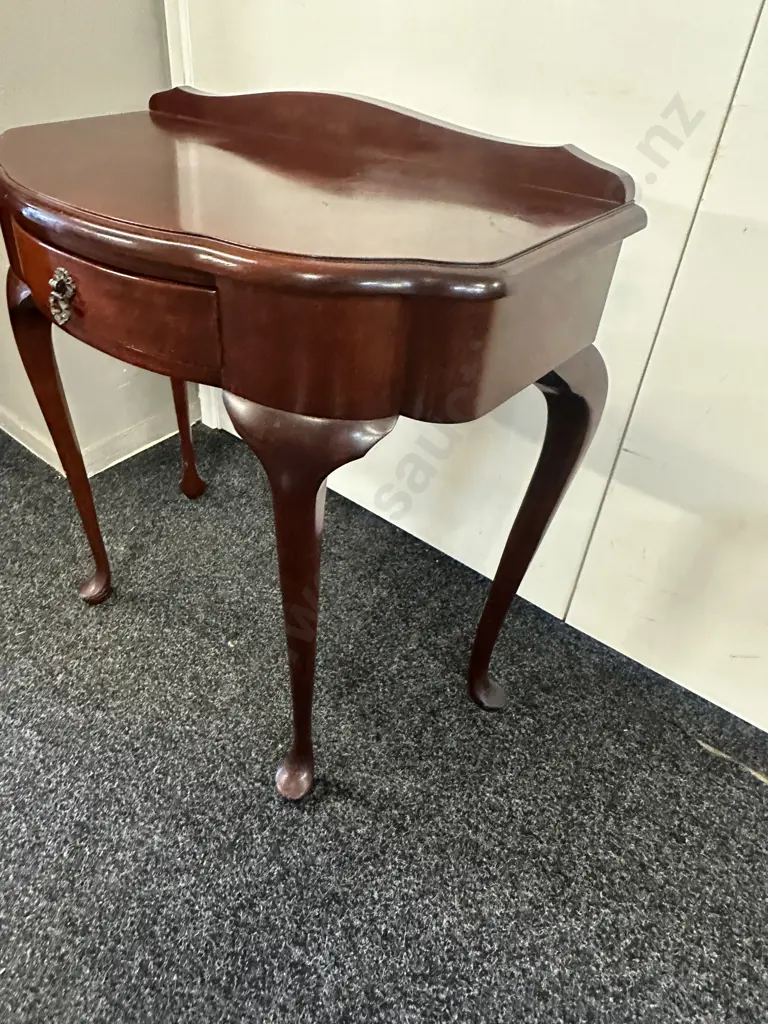 Mahogany Half Round Hall Table Single Drawer Cabriole Legs H74,W72,D38cm. Image 1++