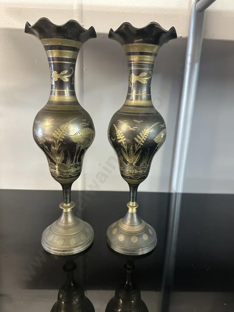 Pair Of Brass Vases With Intricate Etched Designs Hand Crafted In India Image 1++