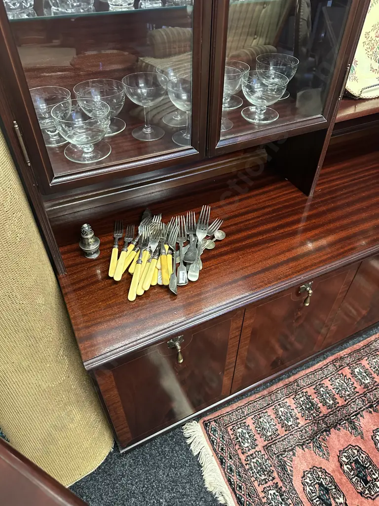 Mid Century Meredew Glass Display Cabinet With Bookcase On a 4 Door Sideboard Base c 1979. H165 W133 D45.5cm. 2 Piece Image 1++