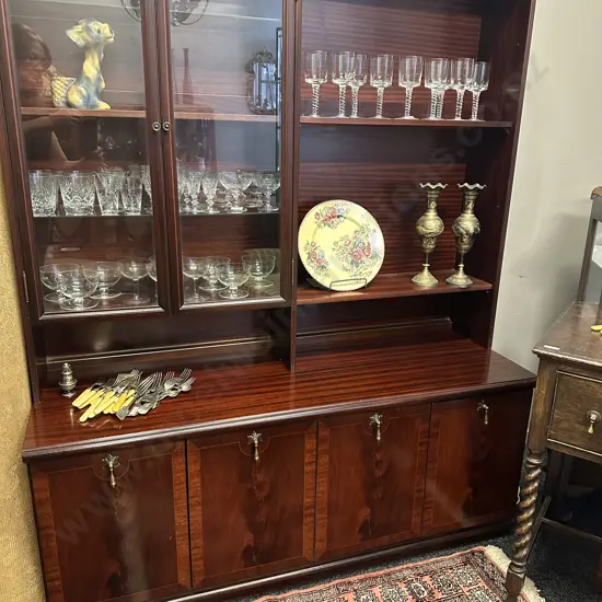 Mid Century Meredew Glass Display Cabinet With Bookcase On a 4 Door Sideboard Base c 1979. H165 W133 D45.5cm. 2 Piece