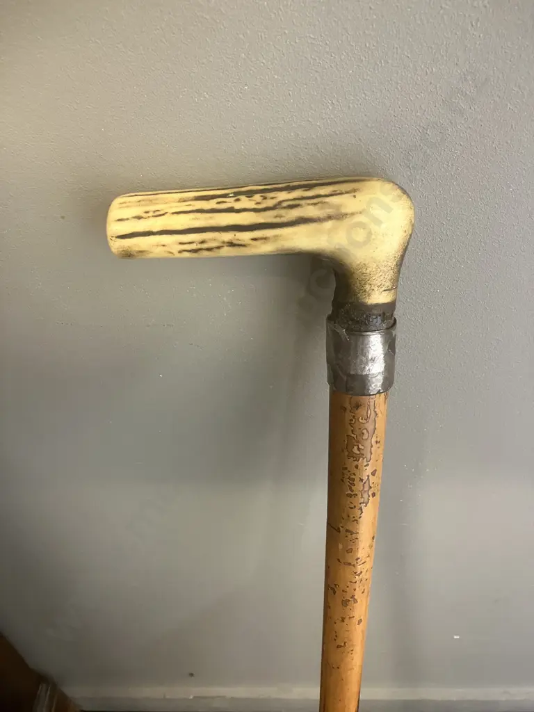 Vintage Wooden Walking Stick With Antler Handle. 79cm Image 1++