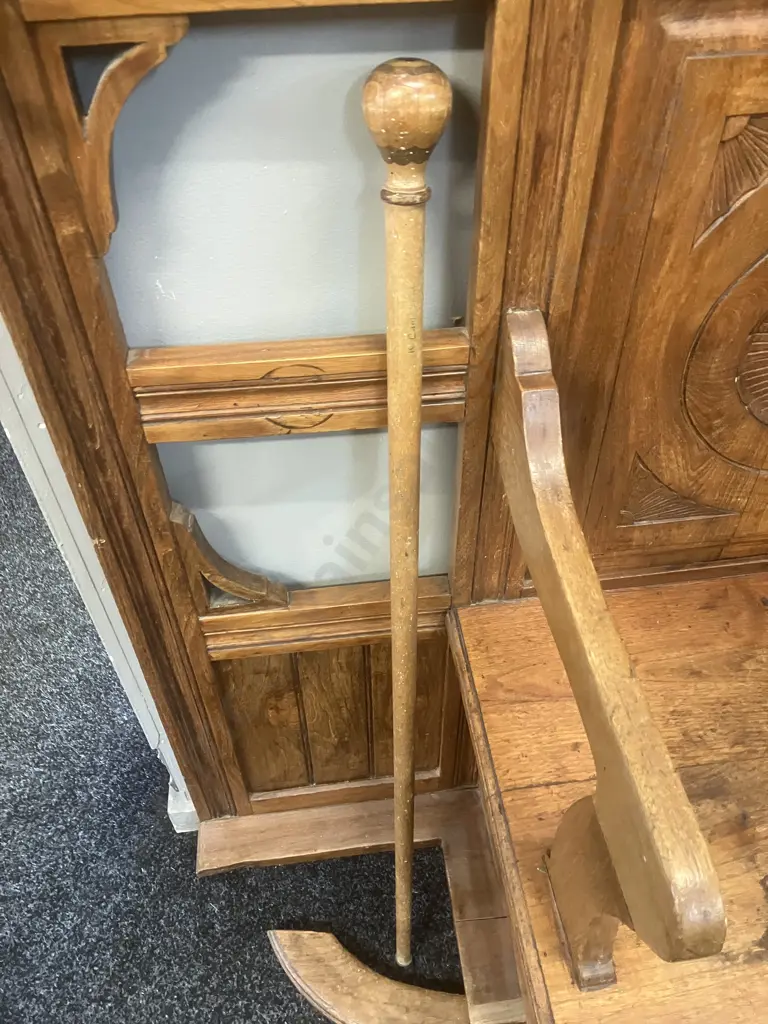 Vintage Wooden Walking Stick With Marquetry Inlaid Ball Handle. L90cm (As Found) Image 1++