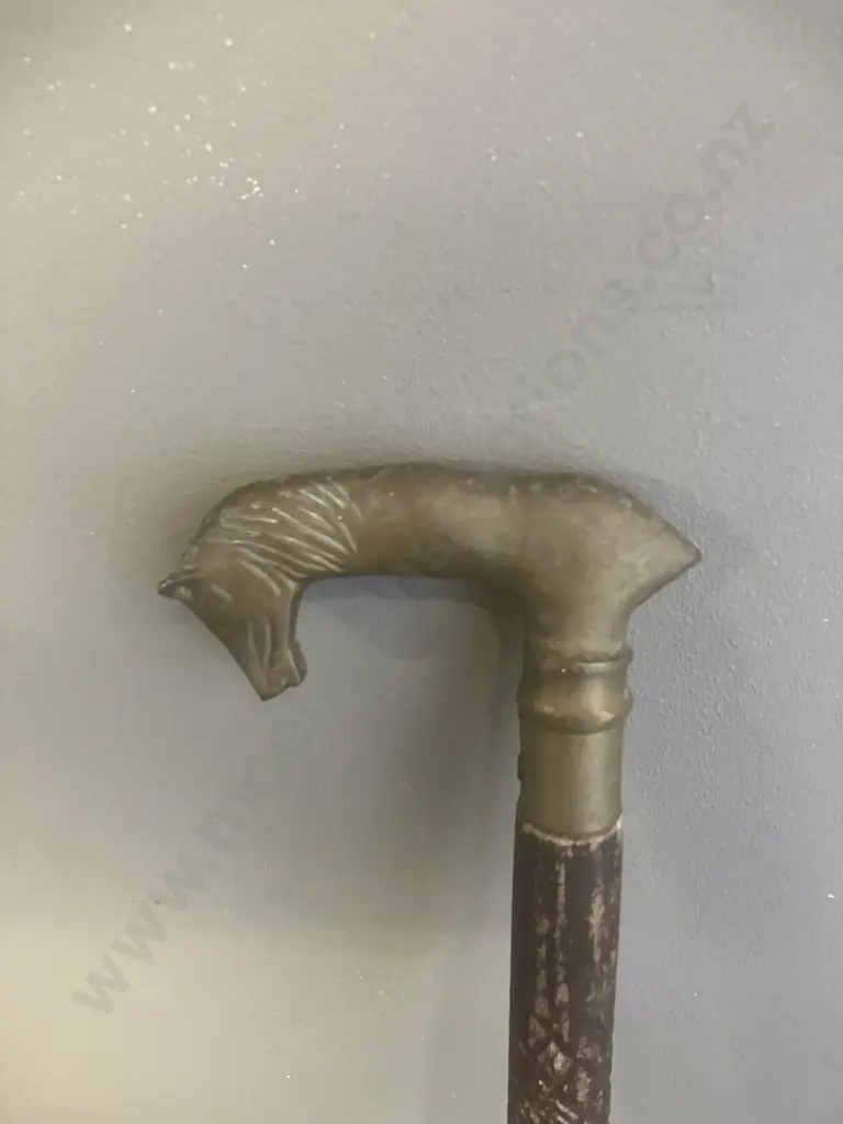 Vintage Carved Wooden Walking Stick With 'Horse' L-Shaped Brass Handle. L92cm Image 1++