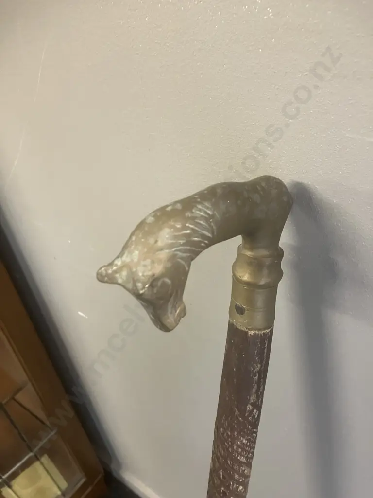 Vintage Carved Wooden Walking Stick With 'Horse' L-Shaped Brass Handle. L92cm Image 1++