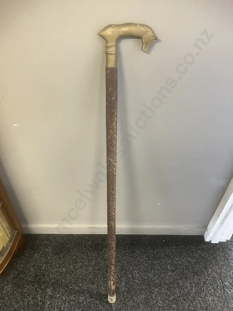 Vintage Carved Wooden Walking Stick With 'Horse' L-Shaped Brass Handle. L92cm Image 1++