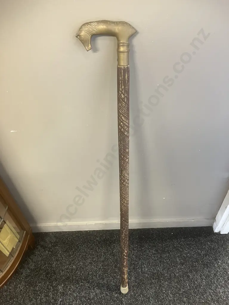 Vintage Carved Wooden Walking Stick With 'Horse' L-Shaped Brass Handle. L92cm Image 1++