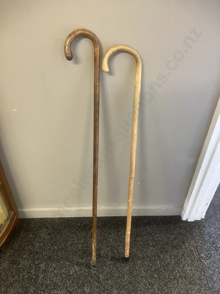 Two Curved Handle Wood Walking Sticks. L85 & 90cm Image 1++