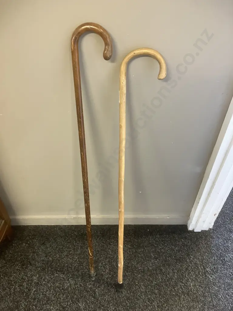 Two Curved Handle Wood Walking Sticks. L85 & 90cm Image 1++
