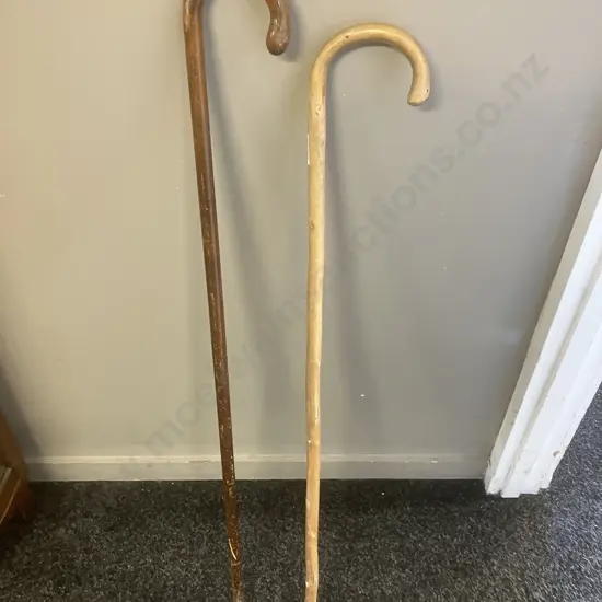 Two Curved Handle Wood Walking Sticks. L85 & 90cm
