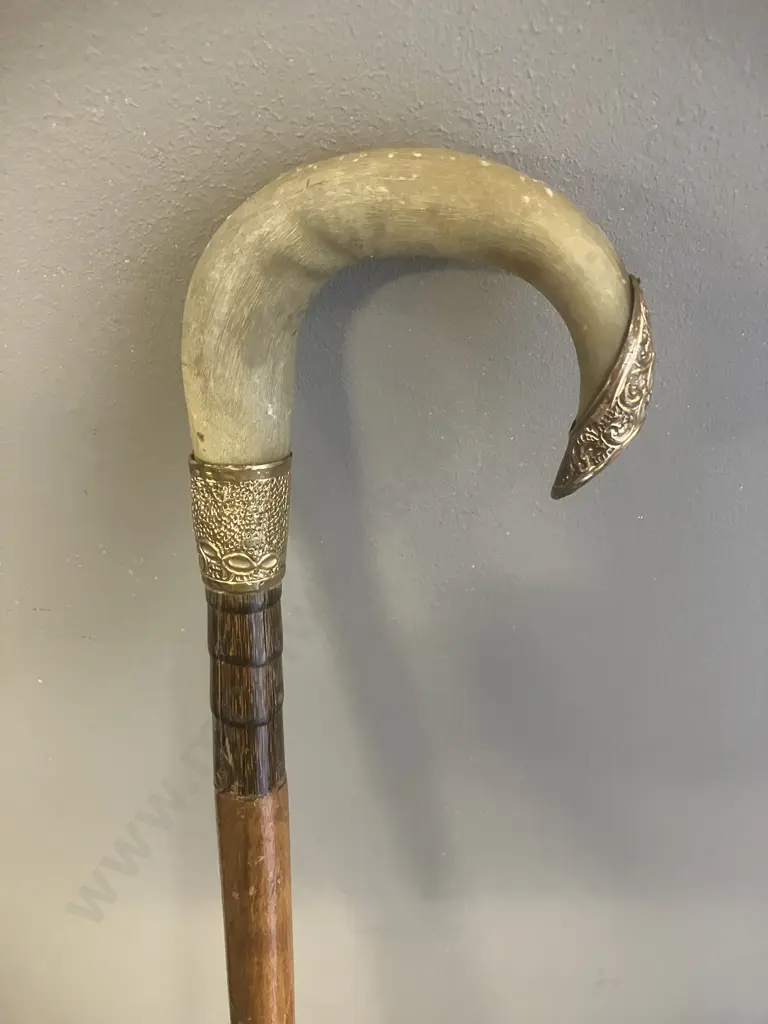 Antique Horn Handle Walking Cane With Ornate Gilt Metal Collar & Crown. Image 1++