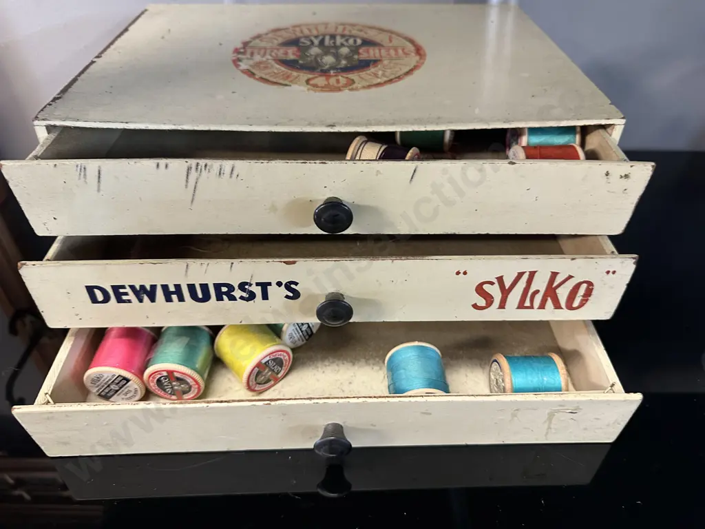 Vintage Dewhursts Sylko Three Drawer Sewing Box H14,W30,D22cm. Image 1++