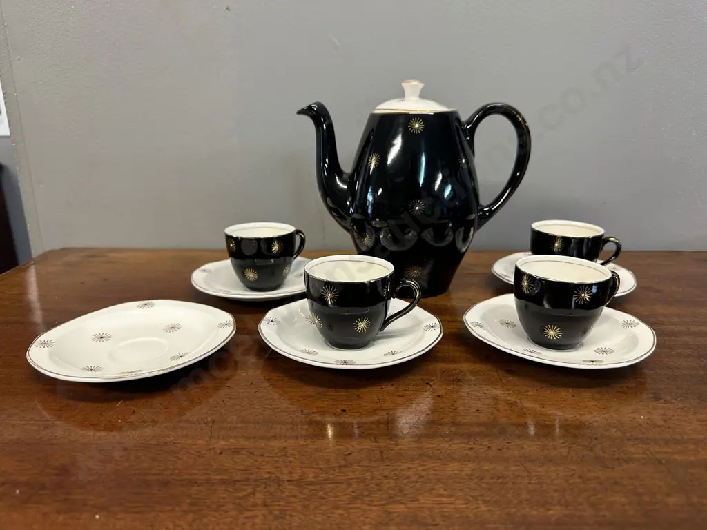 Alfred Meakin 'Midnight Star' Teapot & Demi Duos x4 With 1 Spare Saucer Image 1++